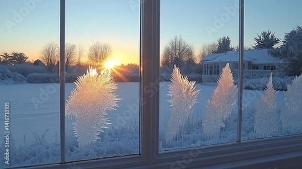 Obraz Frost patterns on glass windows creating delicate designs, showcasing the beauty of winter mornings and the serene, chilly ambiance of the season. 