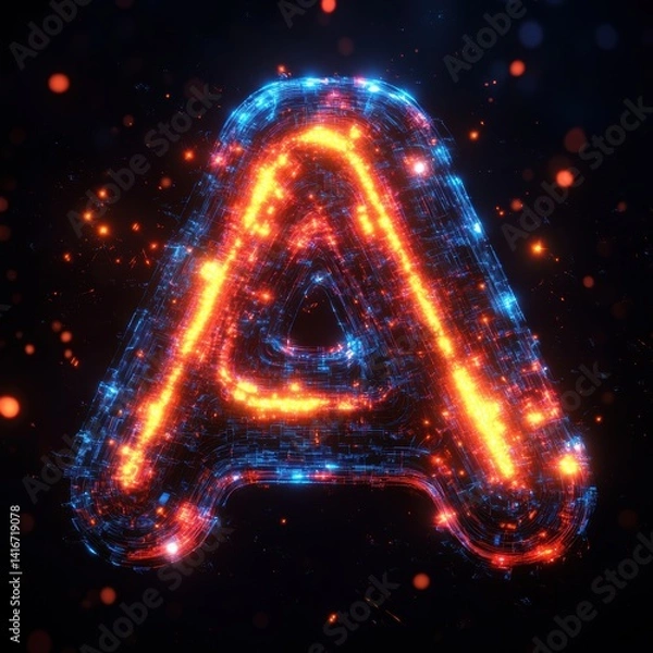 Fototapeta Glowing Letter A with Digital Circuitry and Bokeh Lights on Dark Background