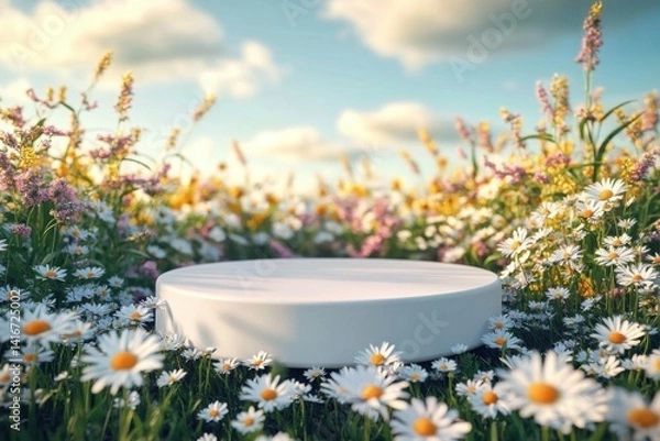 Fototapeta White round podium in daisy field, product display scene or mockup for beauty cosmetics advertising with copy space, summer nature background, 3D rendering