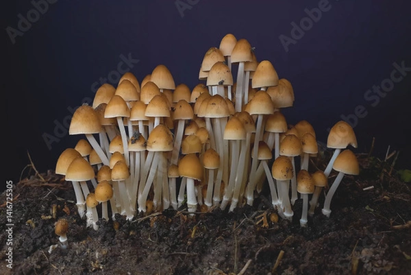 Obraz Mushrooms grow in clusters on moist soil
