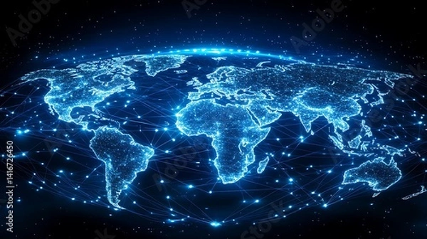 Fototapeta Digital World Map with Glowing Nodes, A digital world map with glowing red and blue nodes connected by lines