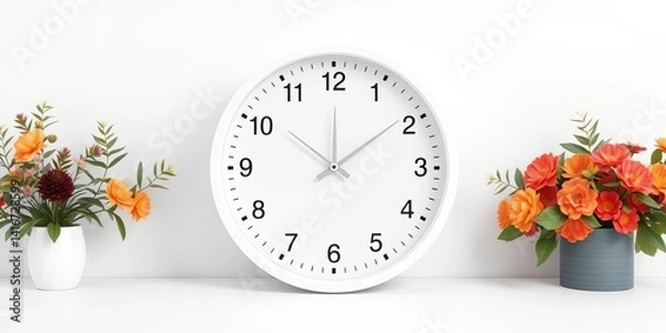 Fototapeta Sleek minimalist white clock on pure white backdrop,  style, modern