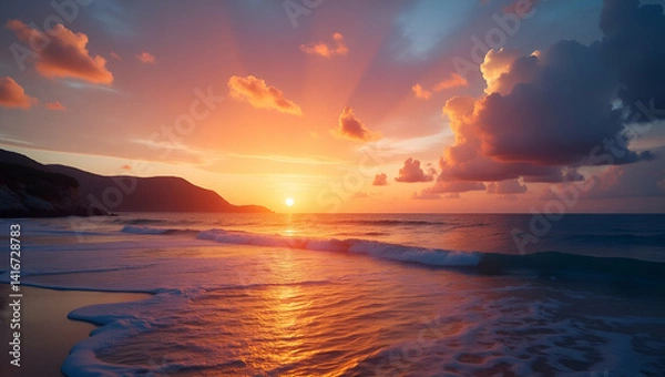 Obraz Stunning Coastal Sunset Scene: Radiant Sky Hues & Serene Ocean Reflections - Premium Photo Stock for Travel & Nature Themes with Artistic Precision & Left Space