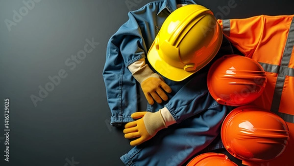 Fototapeta Labor Day Gear Showcase: Safety Helmets, Gloves & High Visibility Apparel for Industrial Strength & Resilience - Perfectly Arranged with Space for Text