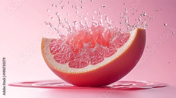 Obraz A vibrant grapefruit wedge explodes with a water splash against a soft pink background, highlighting the juicy interior and freshness.