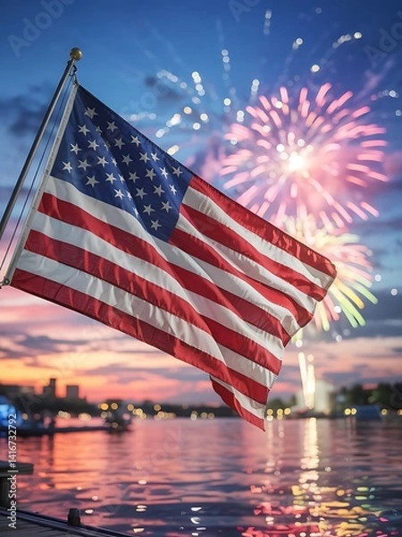 Fototapeta American flag waves proudly beside waterfront with glowing fireworks in evening sky, celebration of freedom and unity

