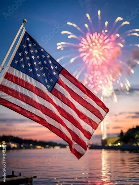 Fototapeta American flag waves proudly beside waterfront with glowing fireworks in evening sky, celebration of freedom and unity


