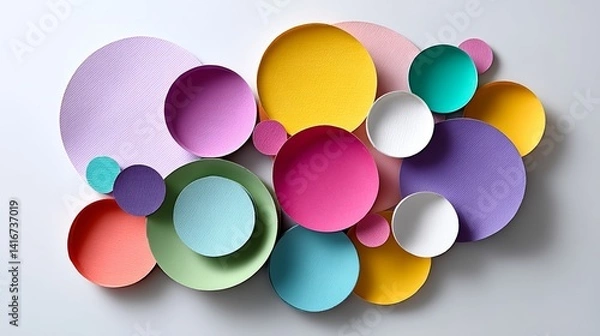 Fototapeta Colorful collage of paper circles with a variety of colors. The circles are arranged in a way that creates a sense of movement and energy. Scene is playful and whimsical