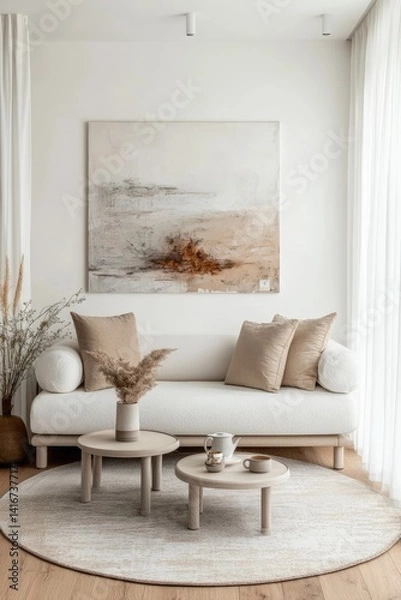 Fototapeta Minimalist living room with beige sofa, round tables, and abstract art