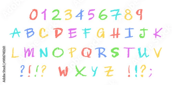 Fototapeta English alphabet and numbers 0-9, hand-drawn in colorful wax crayon or charcoal style on board. Highlighter effect, perfect for kindergarten drawing, learning and creative design. Vector illustration