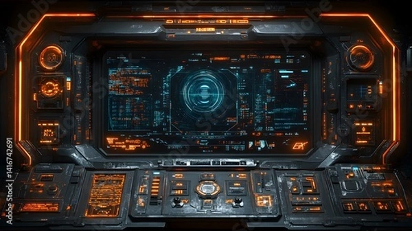 Fototapeta Futuristic spaceship cockpit console with glowing displays.