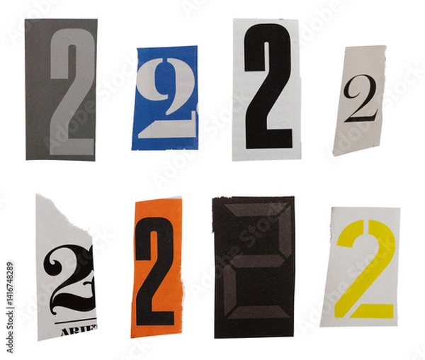 Obraz Ransom number font 2 from printout magazine cutout, collage element for graphic design, png isolated on transparent background