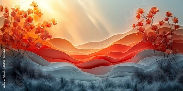 Fototapeta Abstract flowers and flowing waves illustration ai generated art