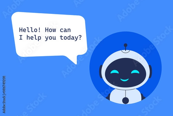 Obraz Cute robot assistant asking how it can help. Vector illustration for chatbot, customer support, and artificial intelligence service concept