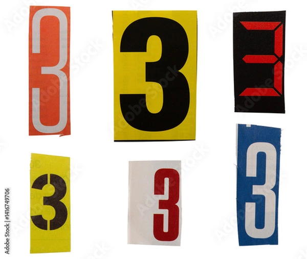 Fototapeta Ransom number font 3 from printout magazine cutout, collage element for graphic design, png isolated on transparent background