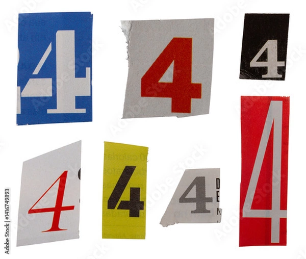 Obraz Ransom number font 4 from printout magazine cutout, collage element for graphic design, png isolated on transparent background