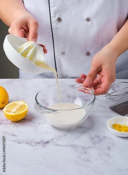 Obraz Woman adding lemon juice to milk to make buttermilk for baking. Cook at work in the kitchen.