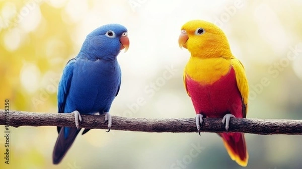 Fototapeta Vivid Plumage Pair Perched on Twig A Vibrant Duo of Birds Displaying Striking Blue and Red-Yellow Feathers in Naturalistic Setting