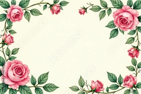 Fototapeta Delicate watercolor roses, climbing vines, and lush leaves on a creamy background , texture, floral pattern