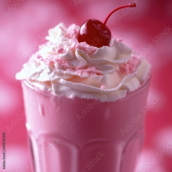 Obraz Pink milkshake with whipped cream and a cherry on top