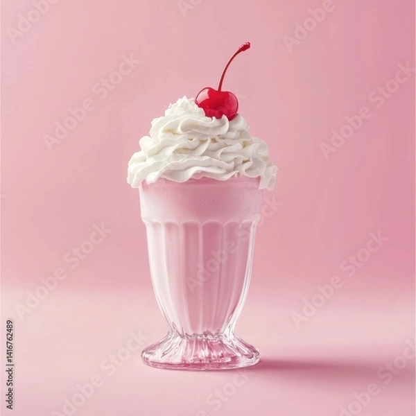 Obraz Pink milkshake topped with whipped cream and a cherry against pink backdrop