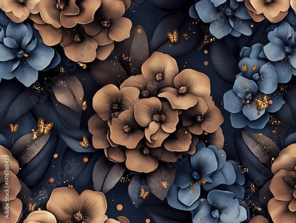 Fototapeta Elegant floral pattern with navy blue and bronze hydrangeas and golden butterflies.