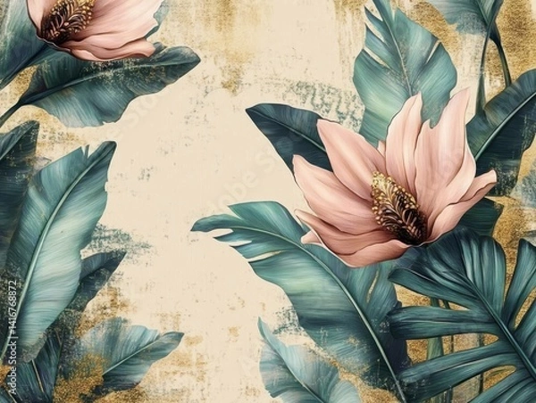 Fototapeta A tranquil botanical design featuring delicate pink flowers nestled amongst vibrant green leaves, set against a textured, gold-toned backdrop, creating a soothing atmosphere.