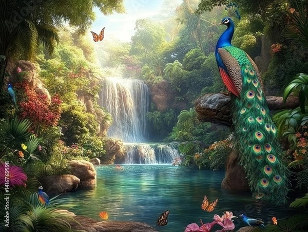 Fototapeta A vibrant peacock, perched majestically amidst lush vegetation and cascading waterfalls. creating an enchanted landscape, teeming with life and vibrancy.