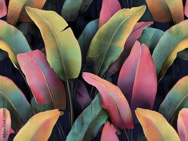 Fototapeta A vibrant tropical leaf pattern showcases colorful plant leaves, inviting the viewer into a world of vivid hues and natural beauty.
