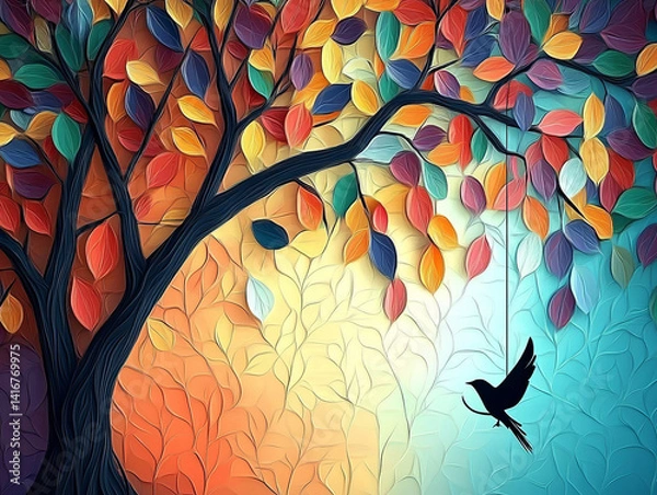 Fototapeta A vibrant tree with multicolored leaves and a flying bird, rendered in an artistic style, creates a whimsical and nature-inspired design.