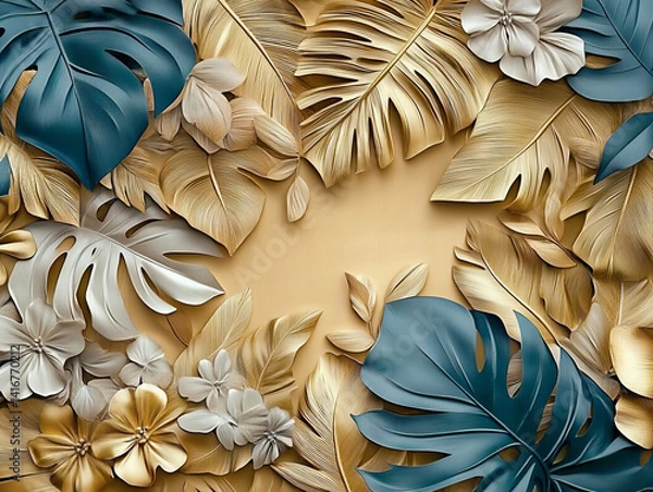 Fototapeta A luxurious, three-dimensional display of golden and teal-toned Monstera leaves and flowers forms a captivating backdrop. The intricate details create a lush, tropical, nature-inspired ambiance.