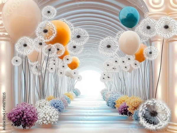 Fototapeta A whimsical and artistic illustration, with vibrant colors of dandelions and balloons, forming an otherworldly, ethereal corridor, with arches and columns of a building. 