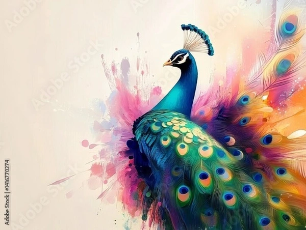 Fototapeta A regal peacock displays its vibrant, colorful plumage in a stunning display of nature's artistry, showcasing the peacock's elegance and beauty with intricate details.