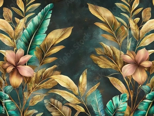Fototapeta A luxurious, detailed floral illustration, displaying elegance in botanical form with verdant leaves and gold. Capturing an opulent vibe of luxury in a botanical style.