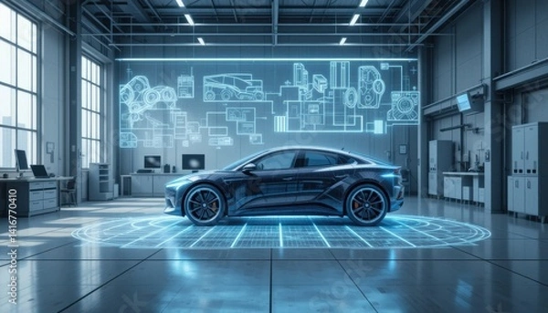 Fototapeta Innovative electric vehicle design automotive workshop digital visualization modern industry side view futuristic concept