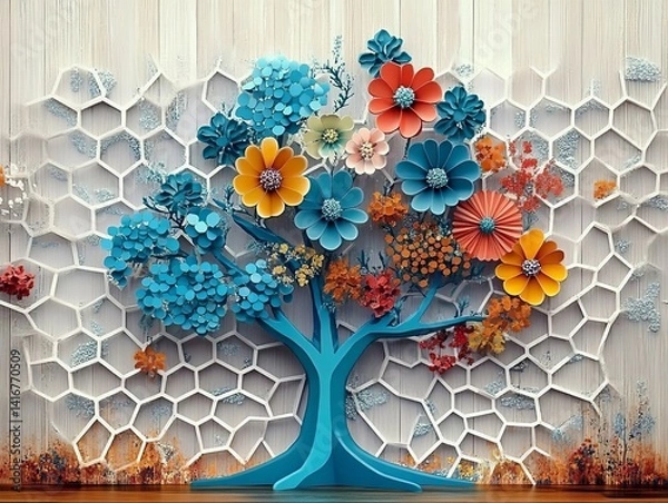 Fototapeta A vibrant, stylized tree adorned with colorful, paper-crafted flowers bursts forth against a backdrop of intricate honeycomb textures, evoking a sense of artful elegance.