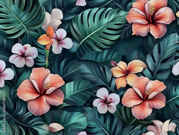 Fototapeta A lush, vibrant tropical floral arrangement blossoms with exquisite detail. The artwork showcases the delicate beauty of exotic hibiscus flowers and lush foliage, creating a visually rich display.