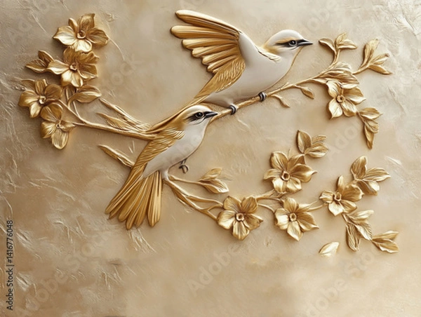 Fototapeta Two golden birds perched on a golden branch adorned with blooming flowers, crafted in a 3D relief style. Their intricate detailing and majestic presence create a mesmerizing piece of art.