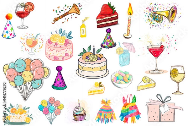 Fototapeta birthday party props set in Scandinavian minimal style, clean flat shapes, soft muted colors, isolated on white, includes candles, cake, balloons, and bunting
