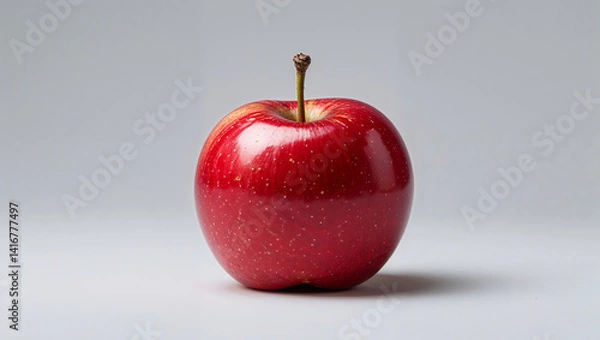 Fototapeta Shiny red apple standing on white background with stem
