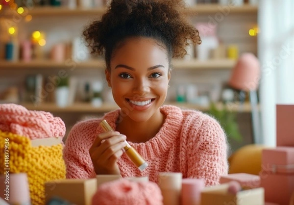 Fototapeta Smiling woman in a pink sweater holds a cosmetic product, surrounded by gift boxes and knitted items, creating a cozy and festive atmosphere