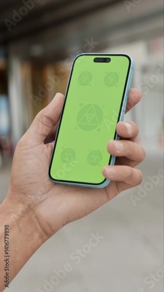 Obraz GREEN SCREEN CHROMA KEY Smartphone with a green screen held in a hand near a hotel entrance, featuring a parked car and modern urban surroundings