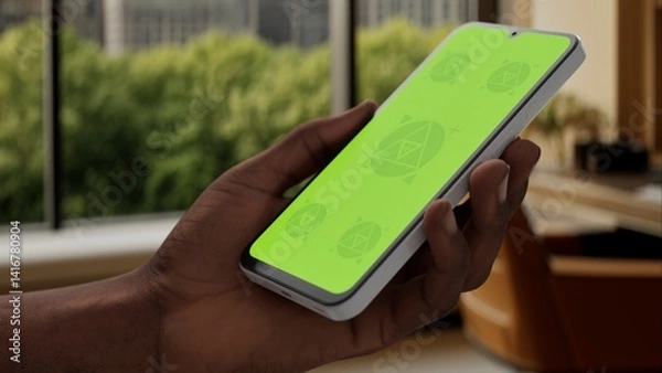 Fototapeta GREEN SCREEN CHROMA KEY A smartphone with a green screen is held in a modern apartment with a city skyline visible through large windows, during the daytime