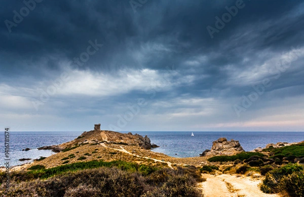 Fototapeta Omigna Genoese tower, in the Corsican maquis, Cargèse, Corsica island, France. Typical tower in tourist trail on the Mediterranean Corsican coast.
