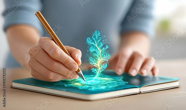 Obraz Holographic effects showcasing hands drawing vibrant plant life