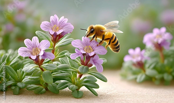 Obraz Bee on Delicate Flower with Elevated View of Patch in Nature