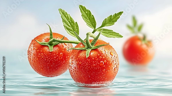 Obraz Fresh Tomatoes Floating on Water with Droplets and Green Leaves