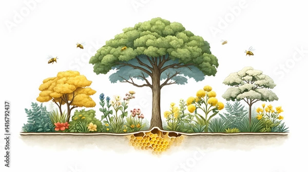 Obraz Cross Section Diagram Illustrating Bee Habitat and Surrounding Flora