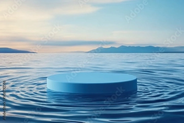 Fototapeta A blue circular podium on the water surface, surrounded by ripples, with a sky in the background, suitable for beauty product display or commercial advertising background, simple and stylish