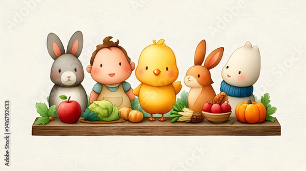 Obraz Charming Cute Illustration of Thanksgiving Dinner with Adorable Animals